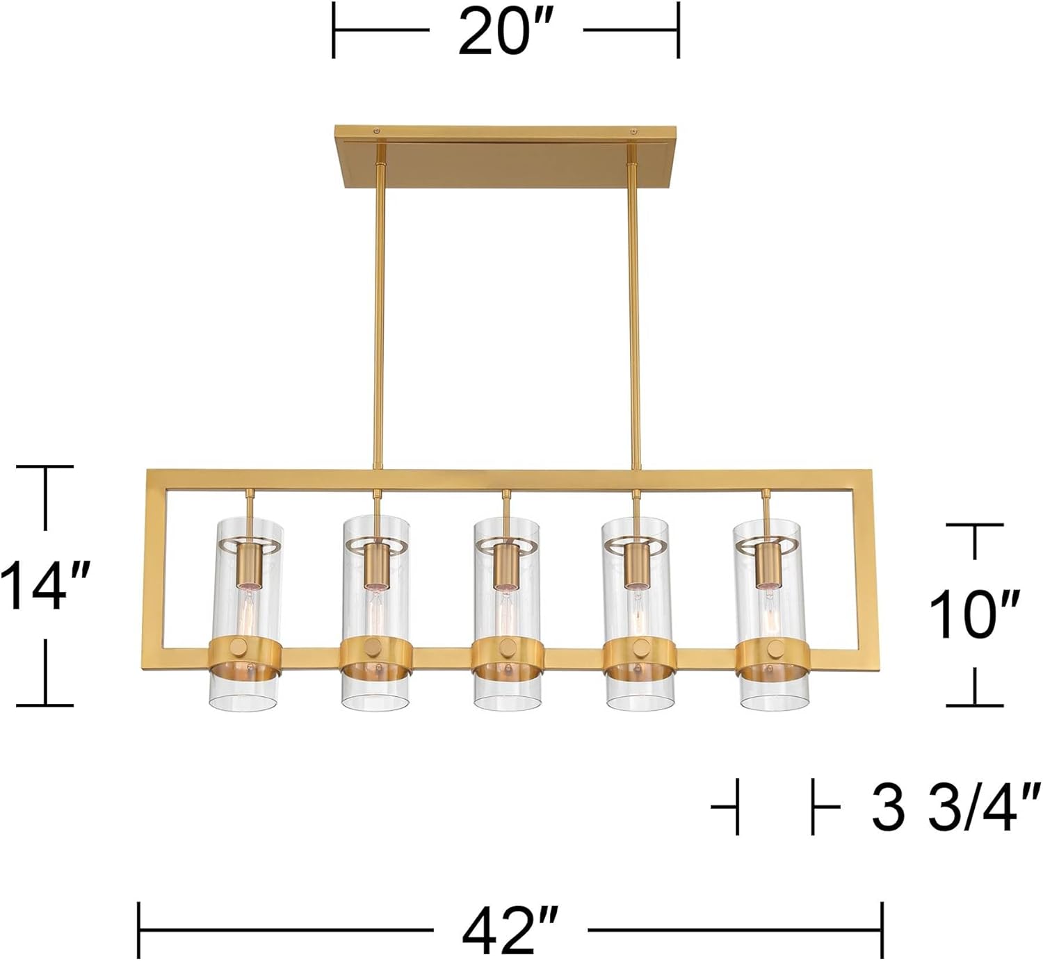 Possini Euro Design Camden Brass Island Linear Pendant Chandelier 42" Wide Modern Open Rectangle Frame Clear Glass Tube Shades 5-Light Fixture for Dining Room House Foyer Kitchen Entryway Bedroom