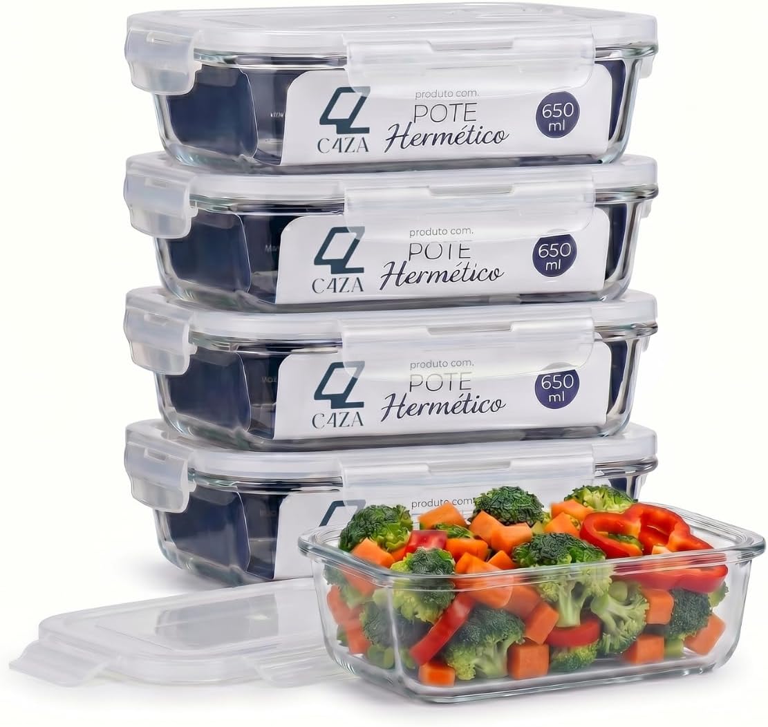 Kit 5 Potes Herméticos de Vidro Resistente de 650ml com Travas de Segurança e Tampa com Válvula | Próprio para Freezer, Microondas e Forno – Kit 5 Unidades