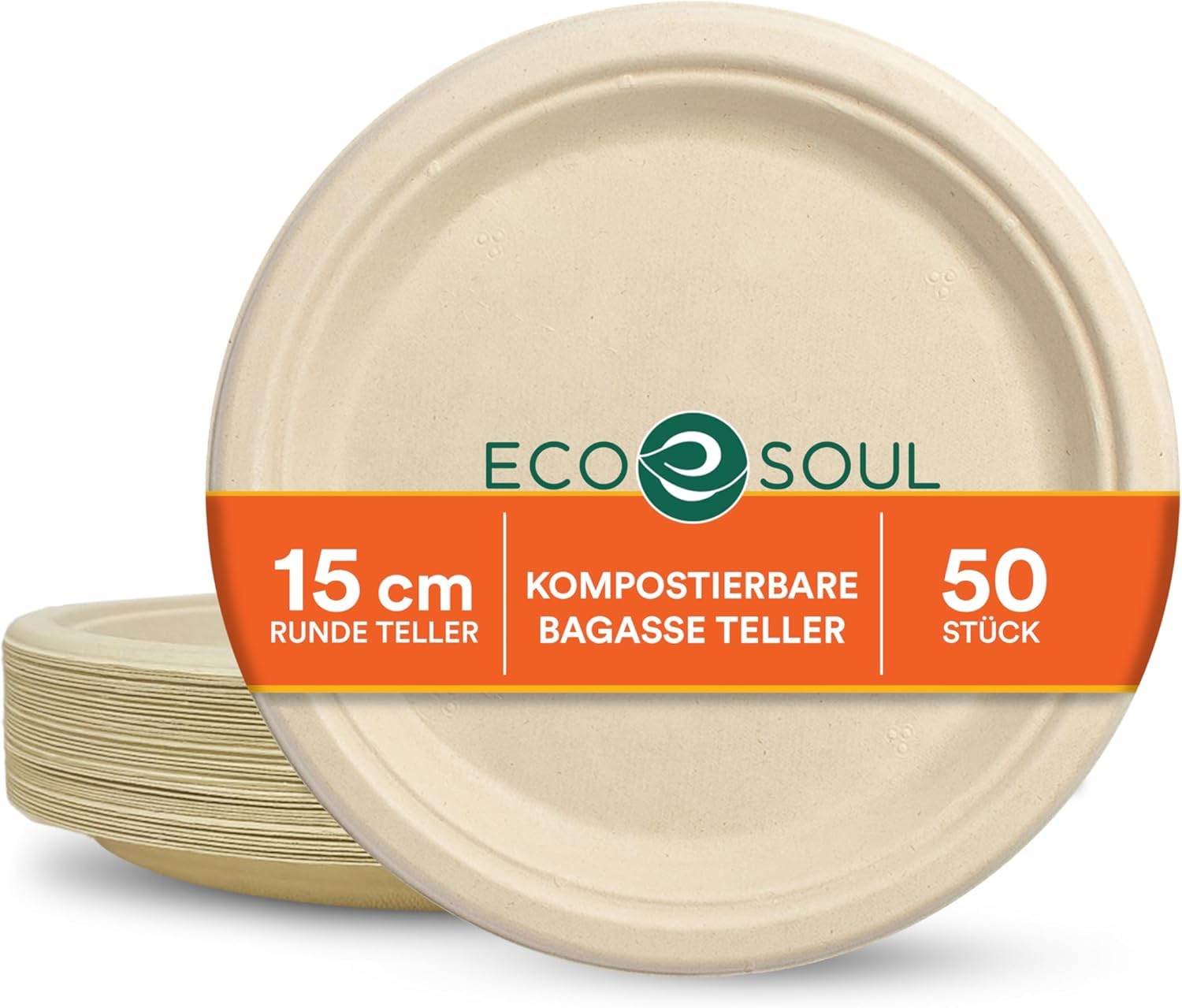 ECO SOUL [6 inch, 50 Pack Disposable Bagasse Plates | Eco-Friendly, Biodegradable, Sugarcane Paper Plates | for Serving Snacks | Birthday, Wedding & Party | Round, Beige (15 cm)