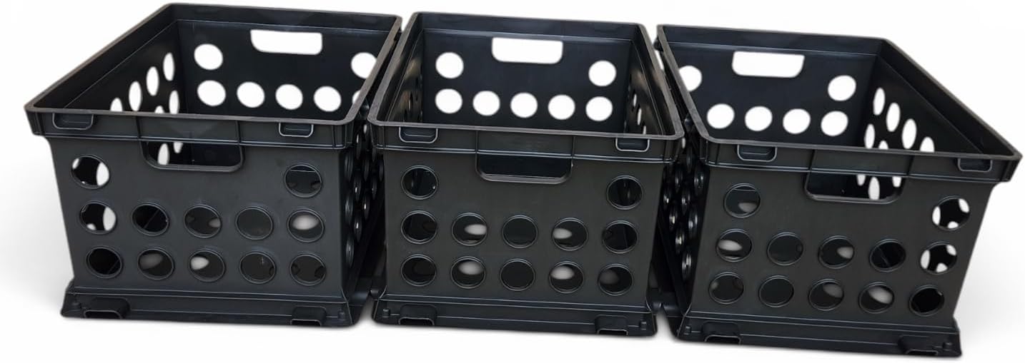 Stackable Plastic Storage Crate Bin Organizer File Box with Handles for Home, Office, Dorm, Garage, or Utility Organization, Black, 3-Pack