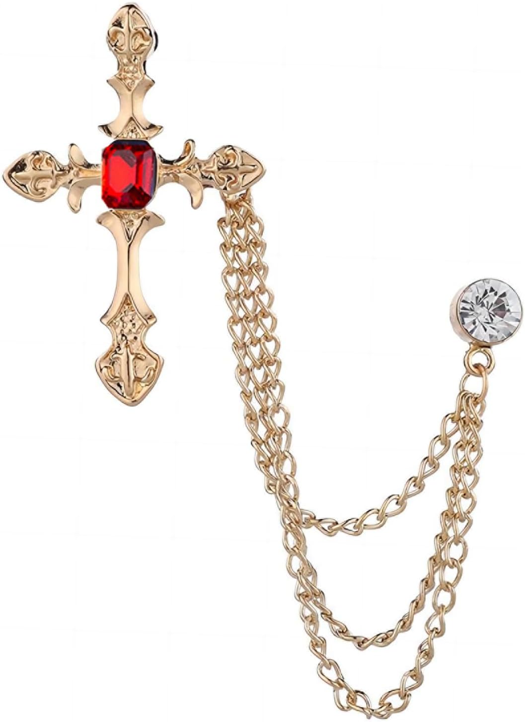 Vintage Gold Cross Suit Lapel Pin for Men - Long Tassel Chain Brooch With Red/Blue Large Crystal Rhinestone - Formal Dress Accessories