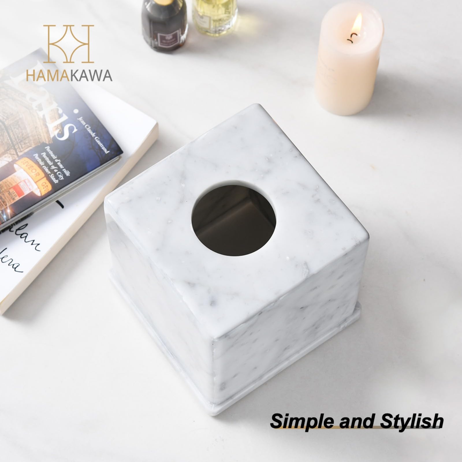 Boite a Mouchoir Marbre Naturel, Blanc Carrara Boite Mouchoirs Design 15x15x14,5 cm, Rangement Decoratif Pierre Lourde, Rangement Carré pour Cuisine, Salle de Bains, Chambre