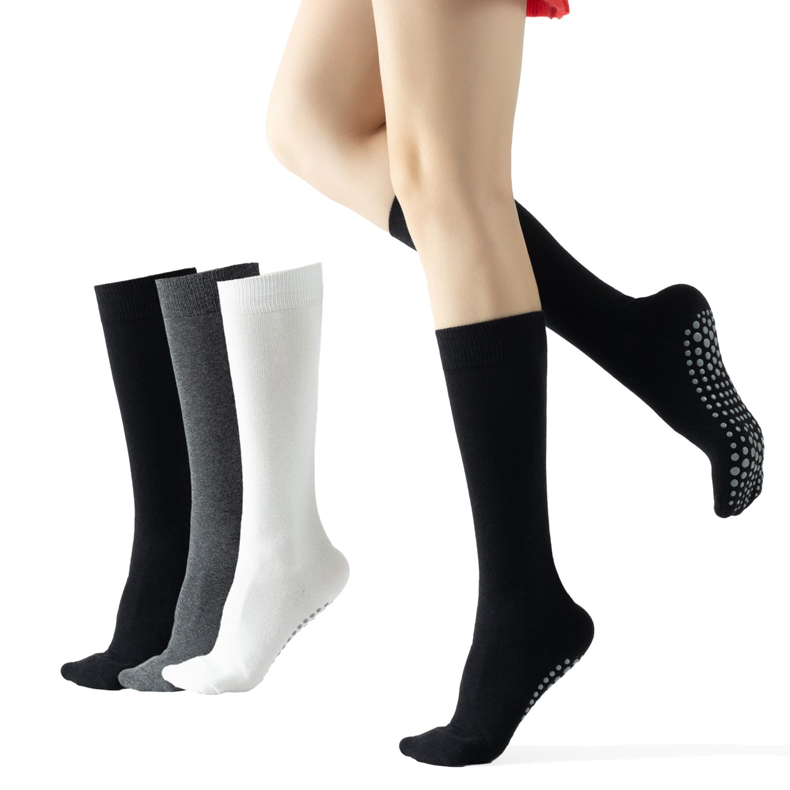 KUKUMAJI 3pcs Long Pilates Socks for Women Yoga Socks Non-Slip Athletic Socks Woman Pilates Grip Socks With Grips Long Scrunch Slipper Socks Knee High Over the Calf Socks for Barre Ballet Dance One Size 3colors