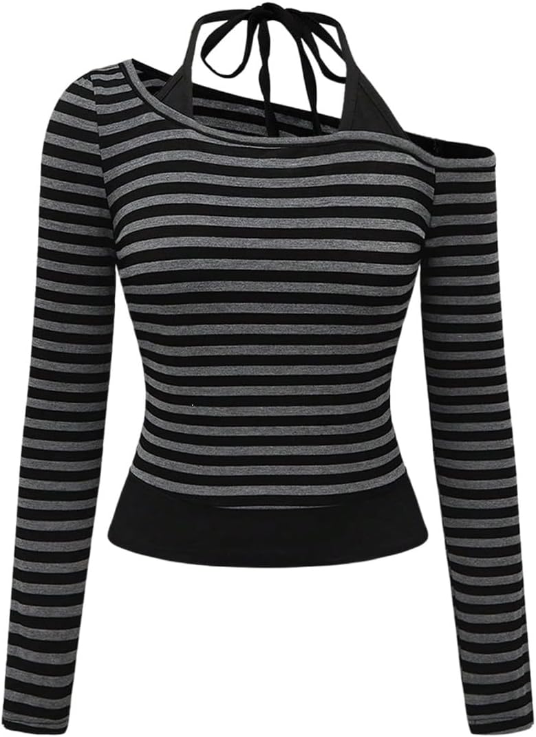 SweatyRocks Women's Off The Shoulder Tops Striped Long Sleeve Crop Halter Shirt Going Out Top