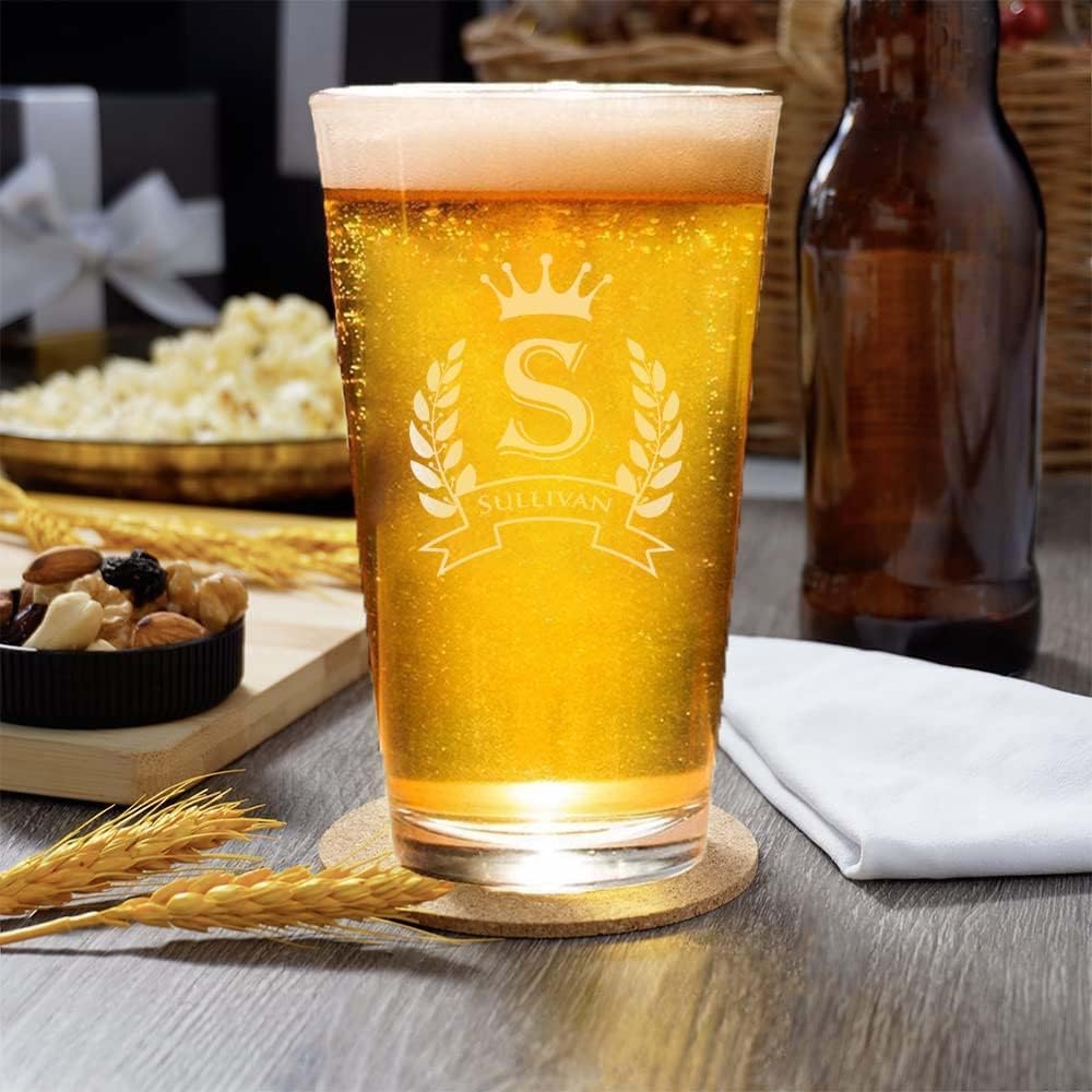 Custom Engraved Pint Glasses for Beer, 16 oz., Personalized Laser Engraved Coasters Set(4"x4") Personalized Beer Glass Set for Men and Women, Couple (4 Set of Beer Glass and Slat Coaster)