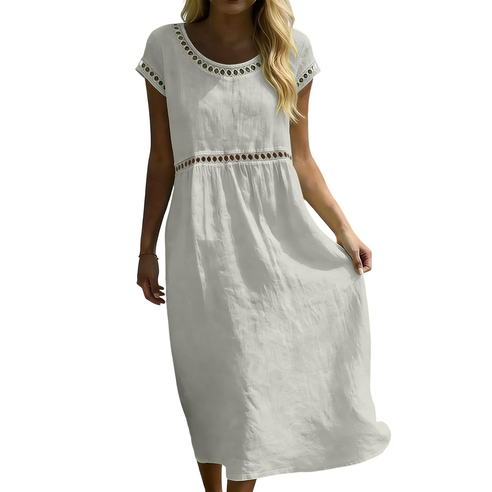Sommerkleid Damen Lang,Kurzarm Lochstickerei Musselin Locker Kleid Sommer Strandkleid Boho Elegant Baumwolle Leinenkleid V Ausschnitt Mode Maxikleid Leicht und Luftig Freizeitkleid