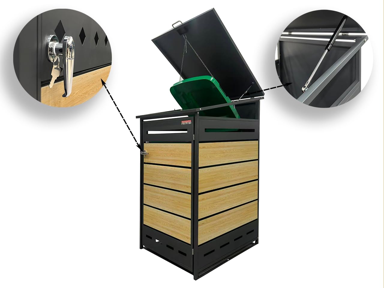 Cobertizo para Cubo de Basura D04GW1, Armario Metálico Exterior para Contenedores de 60L 120L y 240L, Cubierta Moderna con Ventilación y Apertura Superior, Antracita/Marrón, 130,5 x 77,5 x 73 cm