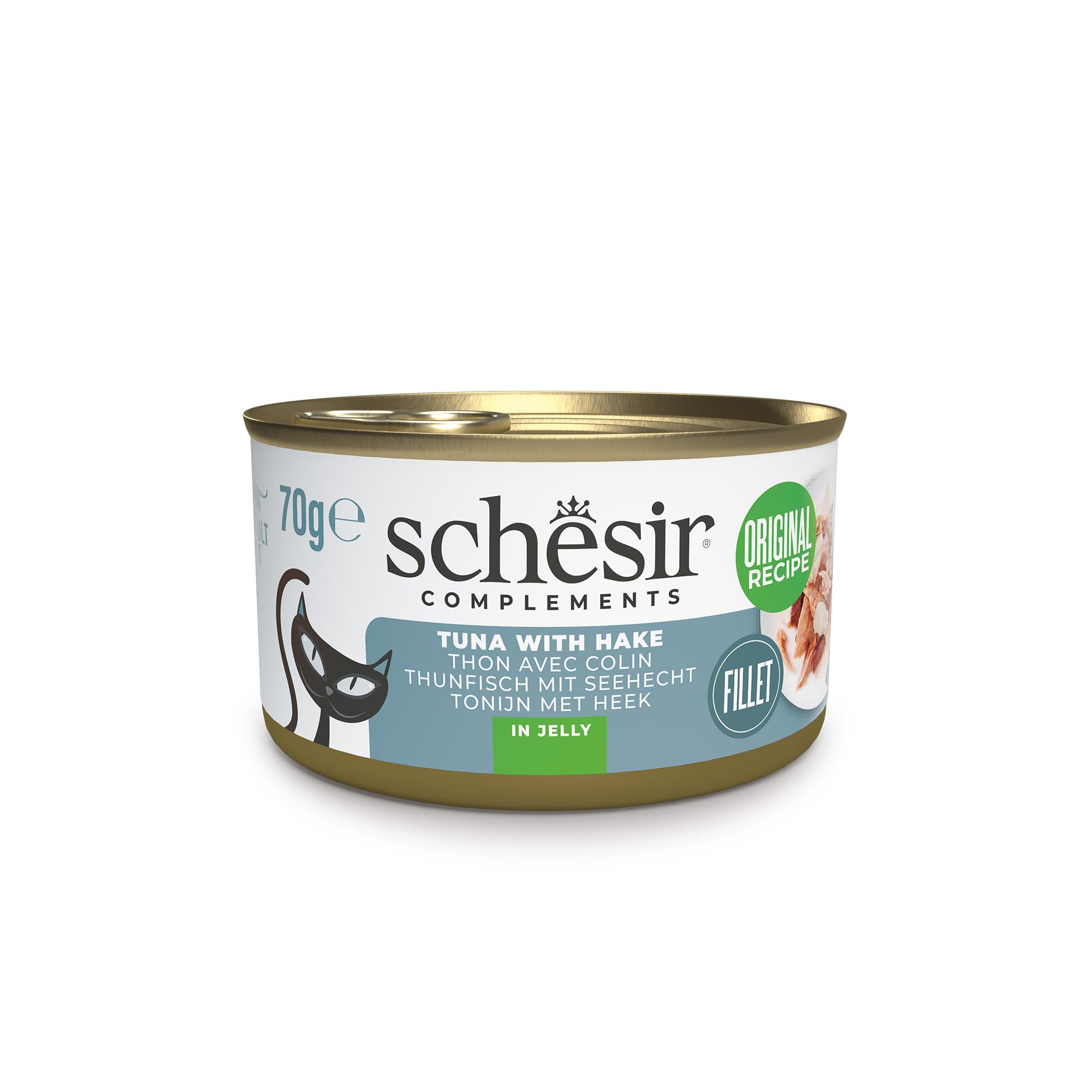 Schesir, Filetes de Atún con Merluza en Gelatina, Comida Húmeda Complementaria para Gatos, en Latas, Receta Original, 100% Natural, 12 x 70g