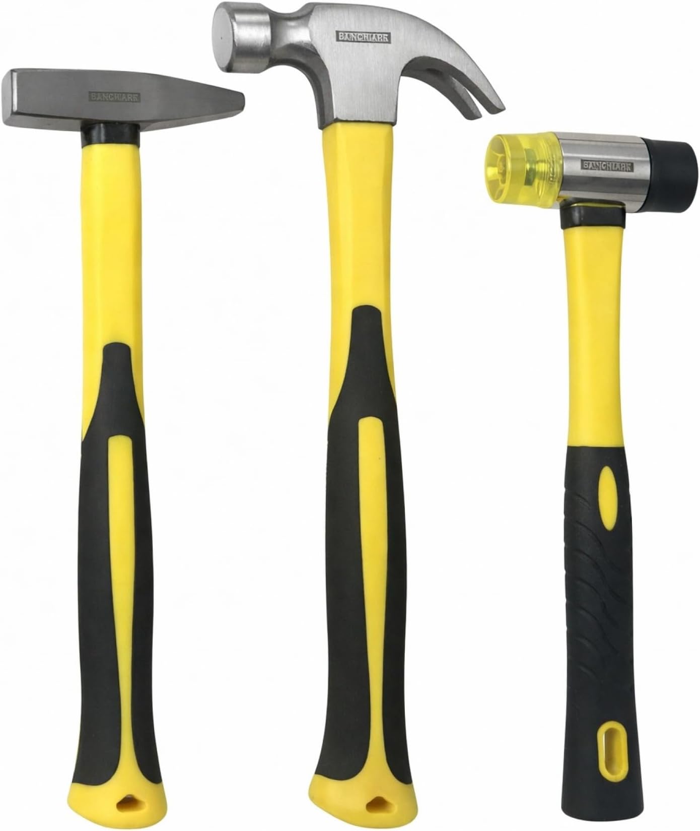 Benchmark - 3 Piece Hammer Set; 16 OZ. Claw Hammer, Tack Hammer; Rubber Mallet (Double SIded); Shock Absorbing Rubber Grips, Durable Fiberglass Handles And Polished Steel Heads