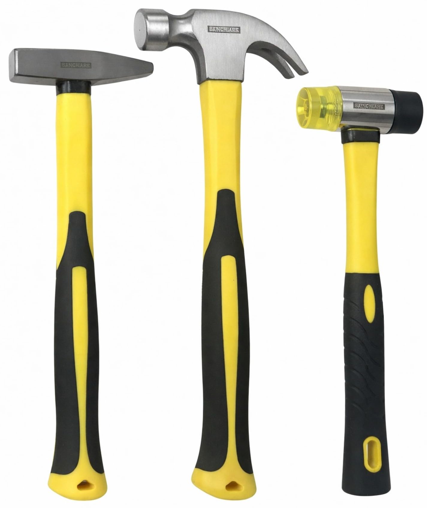 - Benchmark - 3 Piece Hammer Set; 16 OZ. Claw Hammer, Tack Hammer; Rubber Mallet (Double SIded); Shock Absorbing Rubber Grips, Durable Fiberglass Handles And Polished Steel Heads