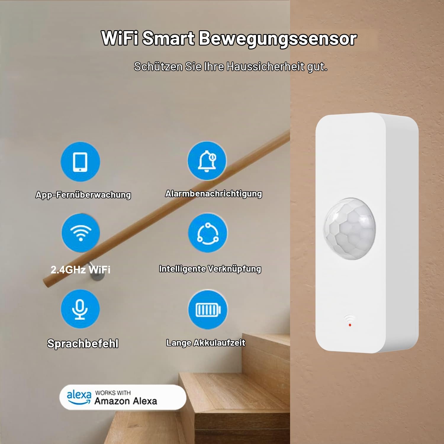 WiFi Bewegungssensor, intelligenter Bewegungsmelder für die Heimsicherheit, drahtloser Bewegungssensor mit Fernüberwachungs App, Sprachbefehl kompatibel mit Alexa. 4 Pack