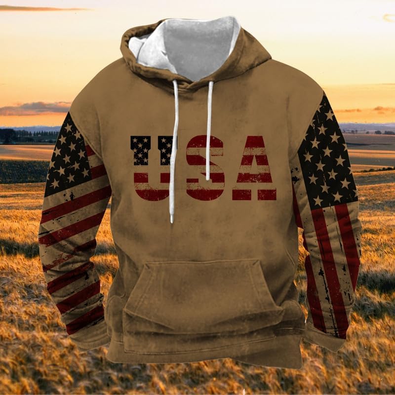 ZOCAVIA American Flag Hooded Sweatshirts for Men USA Flag Graphic Hoodies Drawstring Western Pullover Shirts Tops With Pocket