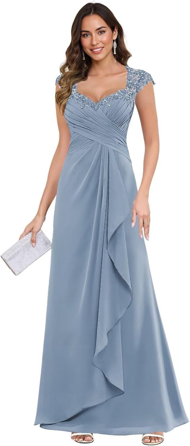 Chiffon Lace Mother of The Bride Dresses - V-Neck Ruched Long Wedding Formal Dress for Women