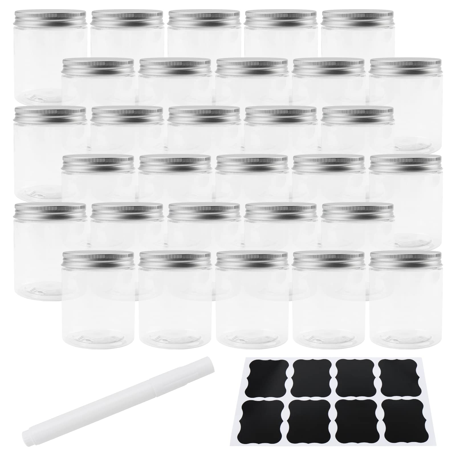 ZEONHEI 250ml 30 Pack Plastic Jars with Aluminium Lids, 8oz Clear Plastic Storage Jars with Stickers, Empty Food Storage Containers for Candy, Nuts, Beads, Crafts