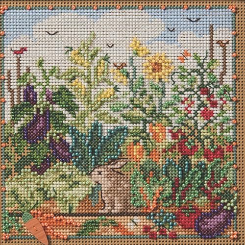 Image of Mill Hill Bunny Garden Beaded Counted Cross Stitch Kit Buttons & Beads 2025 Spring Series MH142513, 5.25 x 5.25 inches, Multi