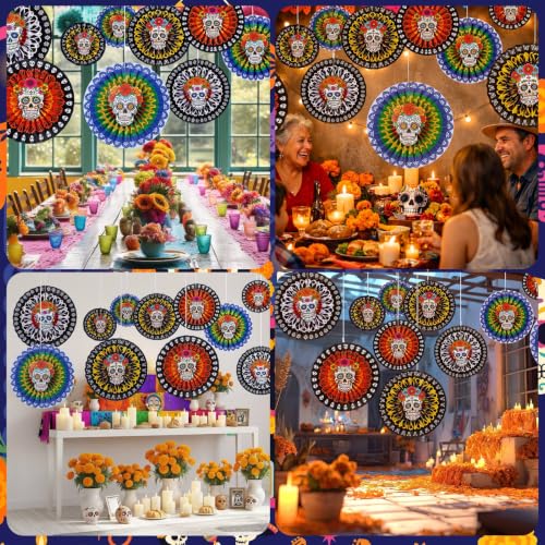 Image of Affrolling 24 Pcs / 12 Set Day of the Dead Party Decorations-Sugar Skull Hanging Paper Fans, Fiesta Party Flowers Fans for Dia De Los Muertos Mexican Carnivals Festivals Holiday