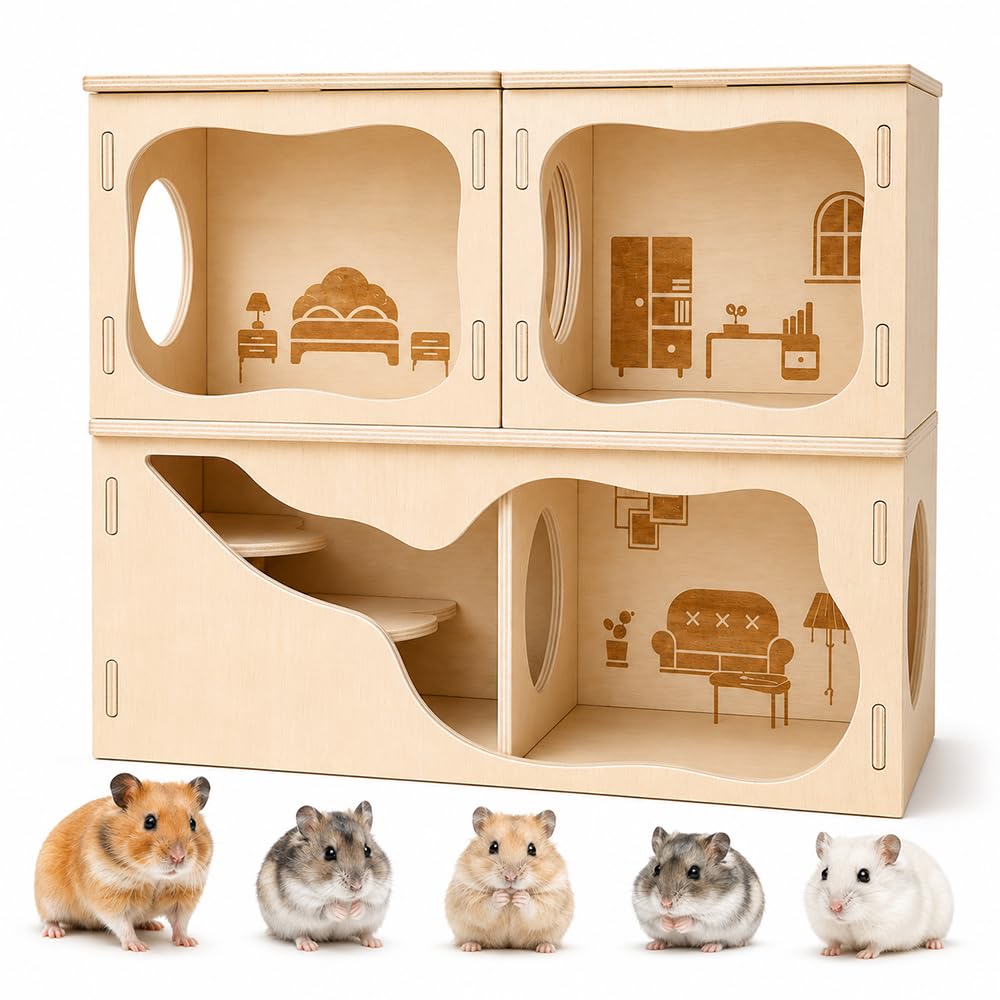 WDKXCN Hamster Hide, Hamster Hideout with Wooden Climbing Ladder, Hamsters Multi Chamber Hide with Tunnel, Wooden Houses Platform Shelter for Hamsters Small Pets