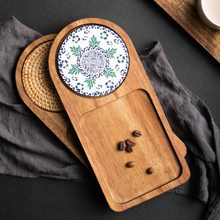 Bandeja de servir de madera maciza retro, diseño chino de extremo norte, ideal para tazas de agua, aperitivos, postres y desayuno, bandeja de almacenamiento decorativa para el hogar y la cocina