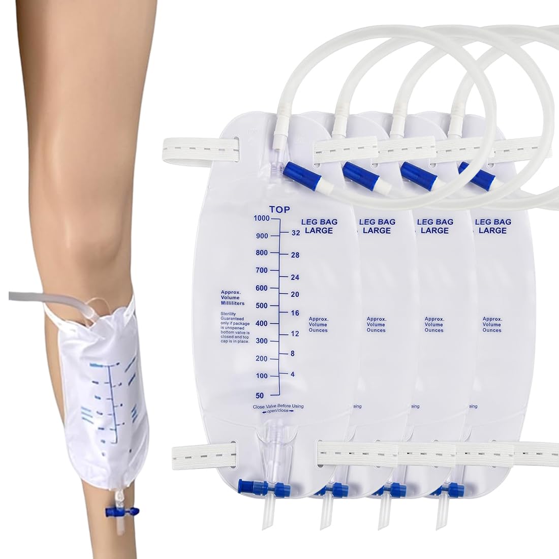 4 Piezas Bolsas de Orina de 1000 ml para Las Piernas, Bolsa Sonda Vesical Pierna con 2 Cintas de Tela y Válvula Antirreflujo