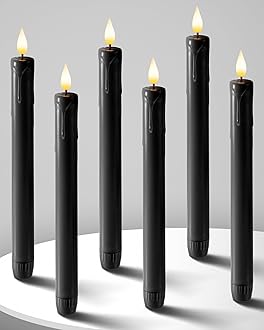 HomemoryBlack Flameless Taper Candles Flickering, NO Remote, 9.6 Inches Battery Operated, 6 Pcs Realistic Electric LED Candlesticks Made of Plastic for Halloween Party Home Decor (HLLGLZSSL-HST6)