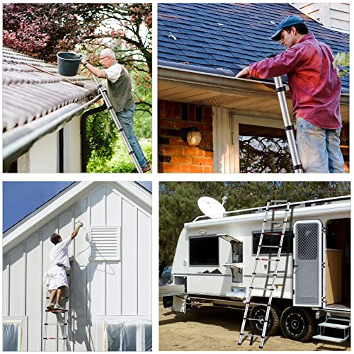 10.5 Ft Telescoping Ladder, Meanfun Stainless Steel One-Button Retraction Collapsible Ladder, Anti-Pinch Extension Compact Ladder With Locking Mechanism For Household Or Outdoor Work, 330 Lb Capacity #TOP6