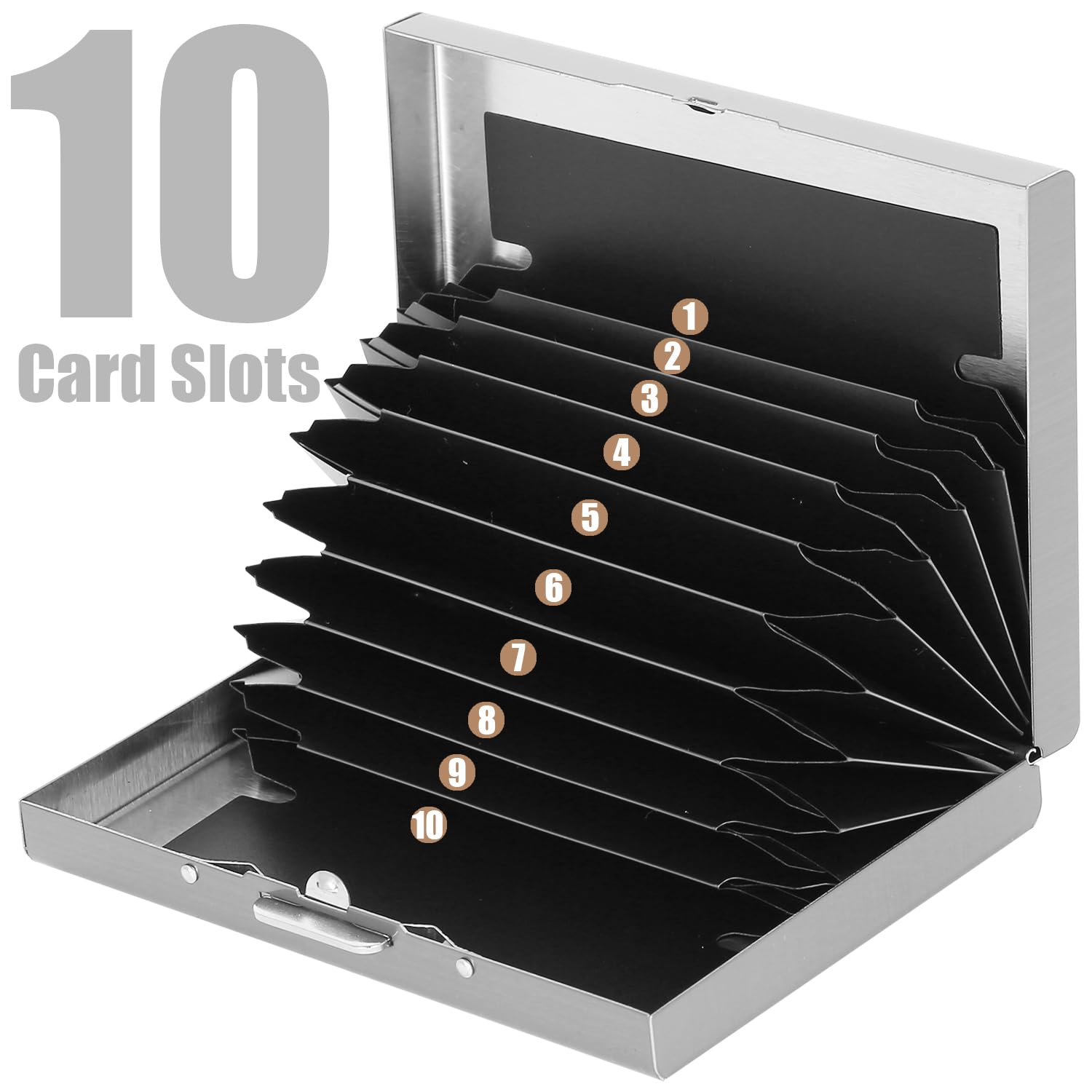 Portfel Etui na Karty Kredytowe z 10 Przegródkami, Minimalistyczny Smukły Metalowy Ochraniacz na Karty Zbliżeniowe RFID dla Mężczyzn i Kobiet. (10 Kart-Srebro)