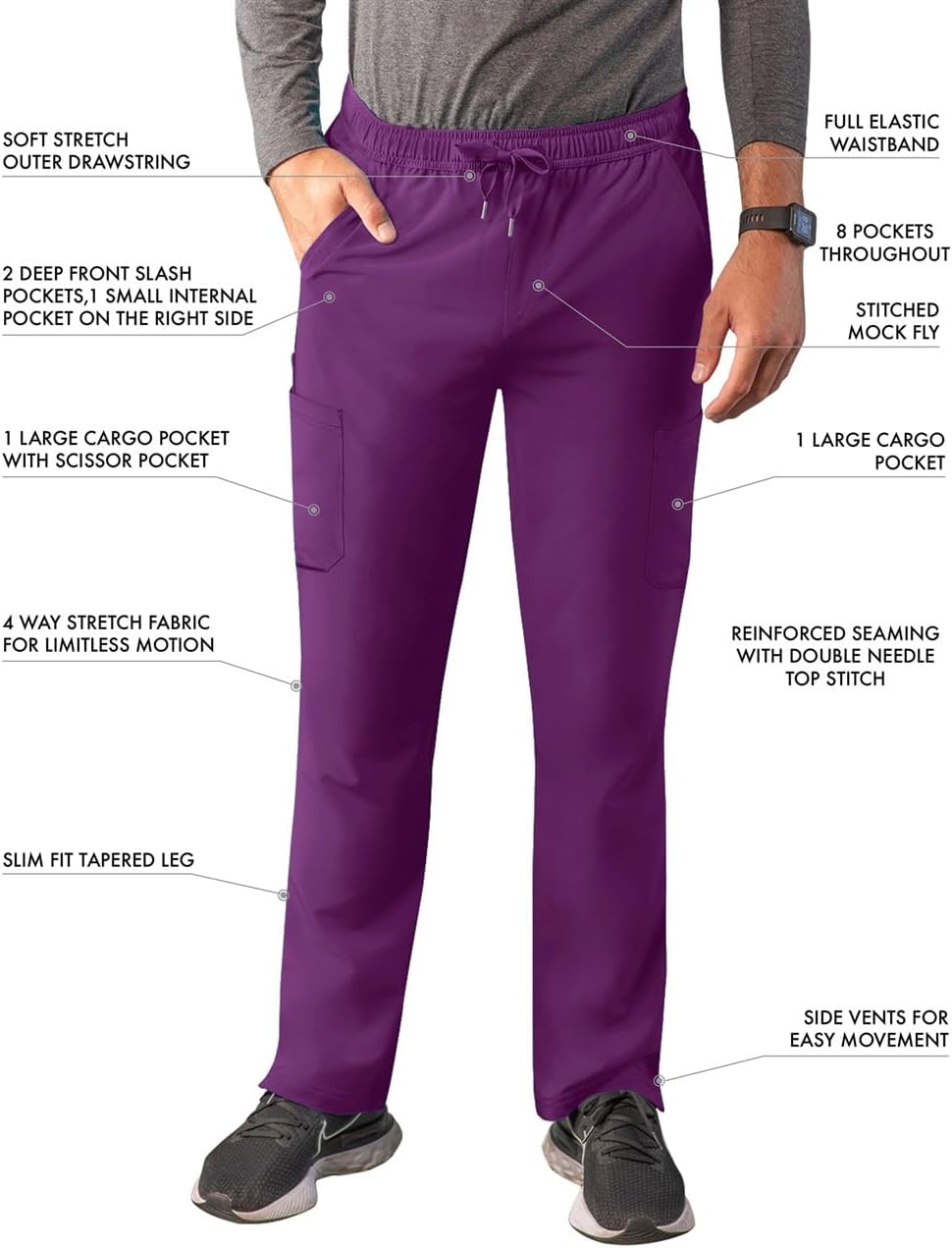 Adar Addition Scrubs for Men - Slim Leg Cargo Drawstring Scrub Pants
