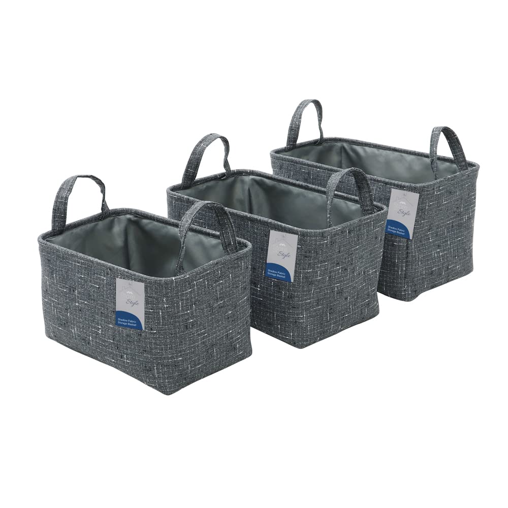 JVL Shadow Rectangular Fabric Storage Baskets with Handles Set of 3 - Grey