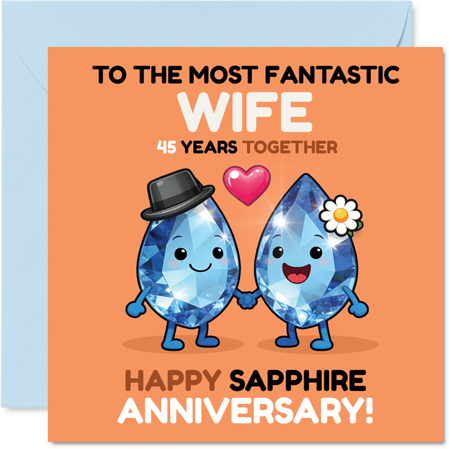 Sentimental 45th Anniversary Card for Wife - Celebrating 45 Brilliant Years - Cartoon Gem Couple on a Joyful Sapphire Motif - 145mm Square, Envelope Included