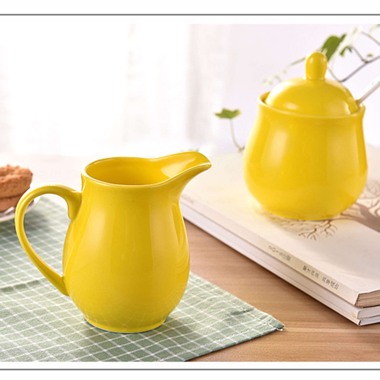Pojemnik na cukier do kawy podwieczorek śniadaniowy, ceramiczna cukiernica, z pokrywką i dzbankiem mleko, mlecznik zestawy cukru, dzbanek, dekoracja f(Yellow,Milk Jug)