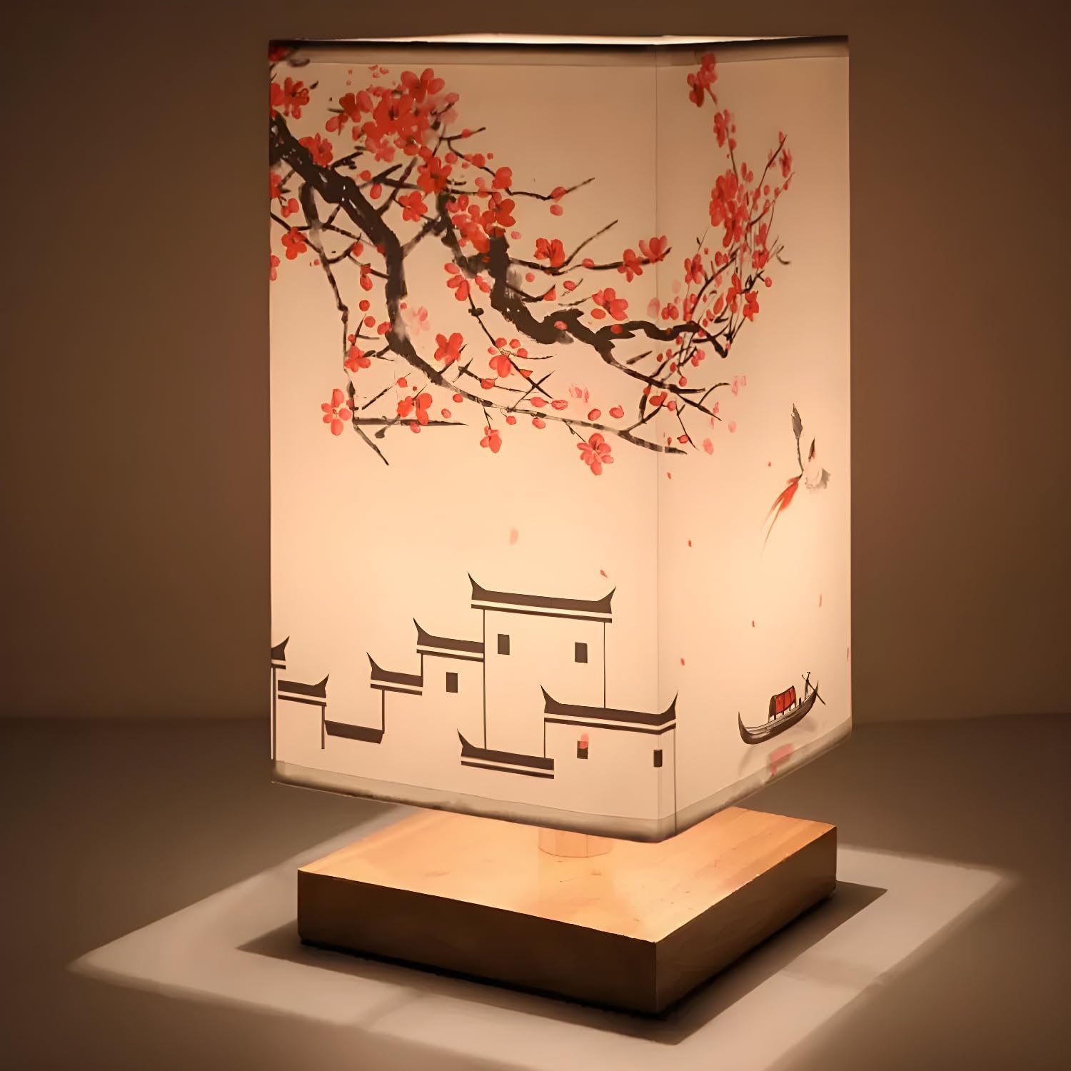 LITFAD Nightstand Lighting Fabric Square Shape Desk Light Chinese Style 1 Light Table Lamp Bedside Table Light with Wood Base for Bedroom Office Hotel - 110V-120V Pink