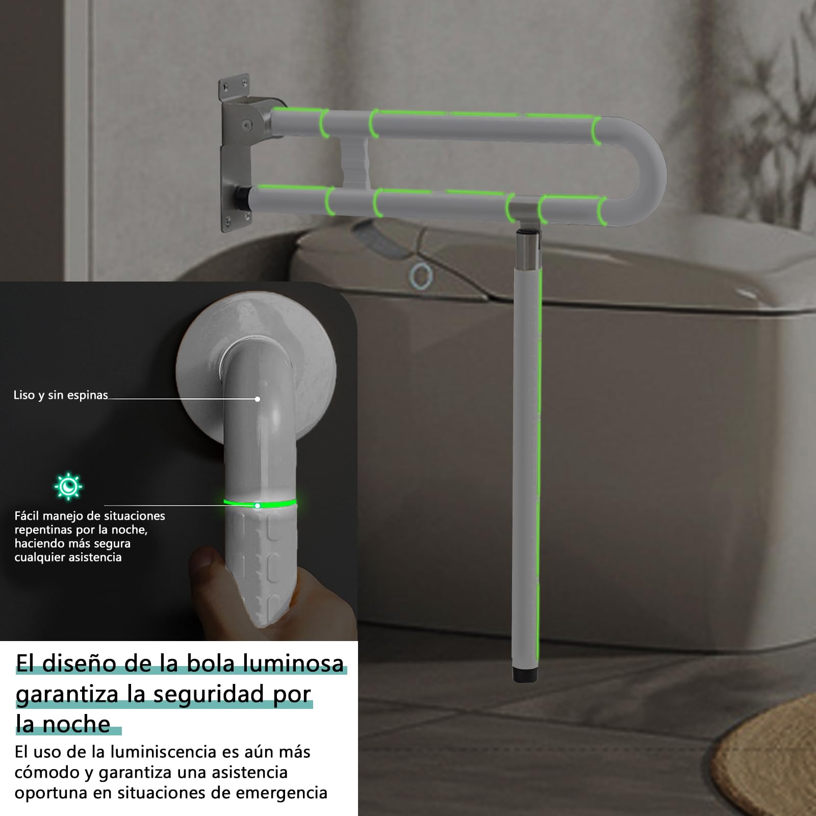 Pasamanos para el cuidado del inodoro, pasamanos de baño, antideslizantes, antiinclinación, sin electricidad estática, mango luminoso, rodamiento de 300 kg (Blanco, 60cm con patas)