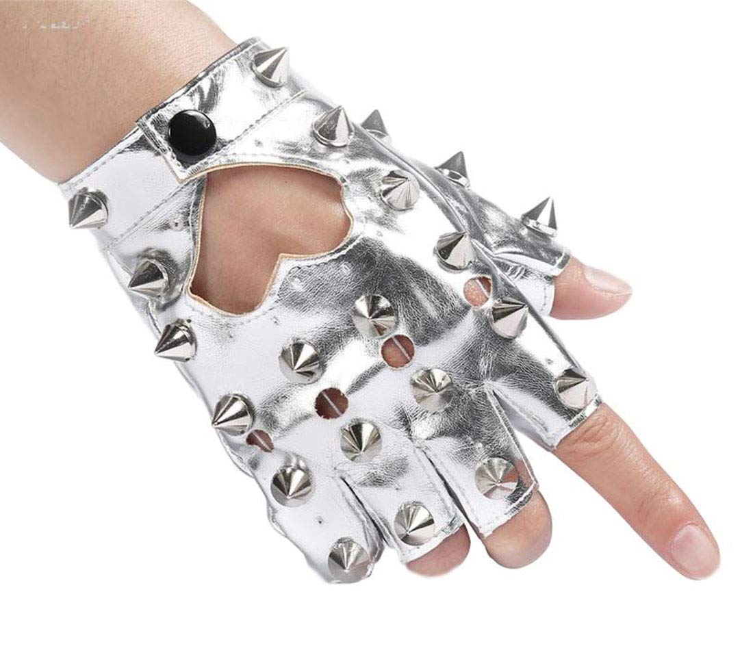 Idopy Unisex Fingerless Dance Glove Party Jazz Studded Rivet PU Leather Gloves Silver