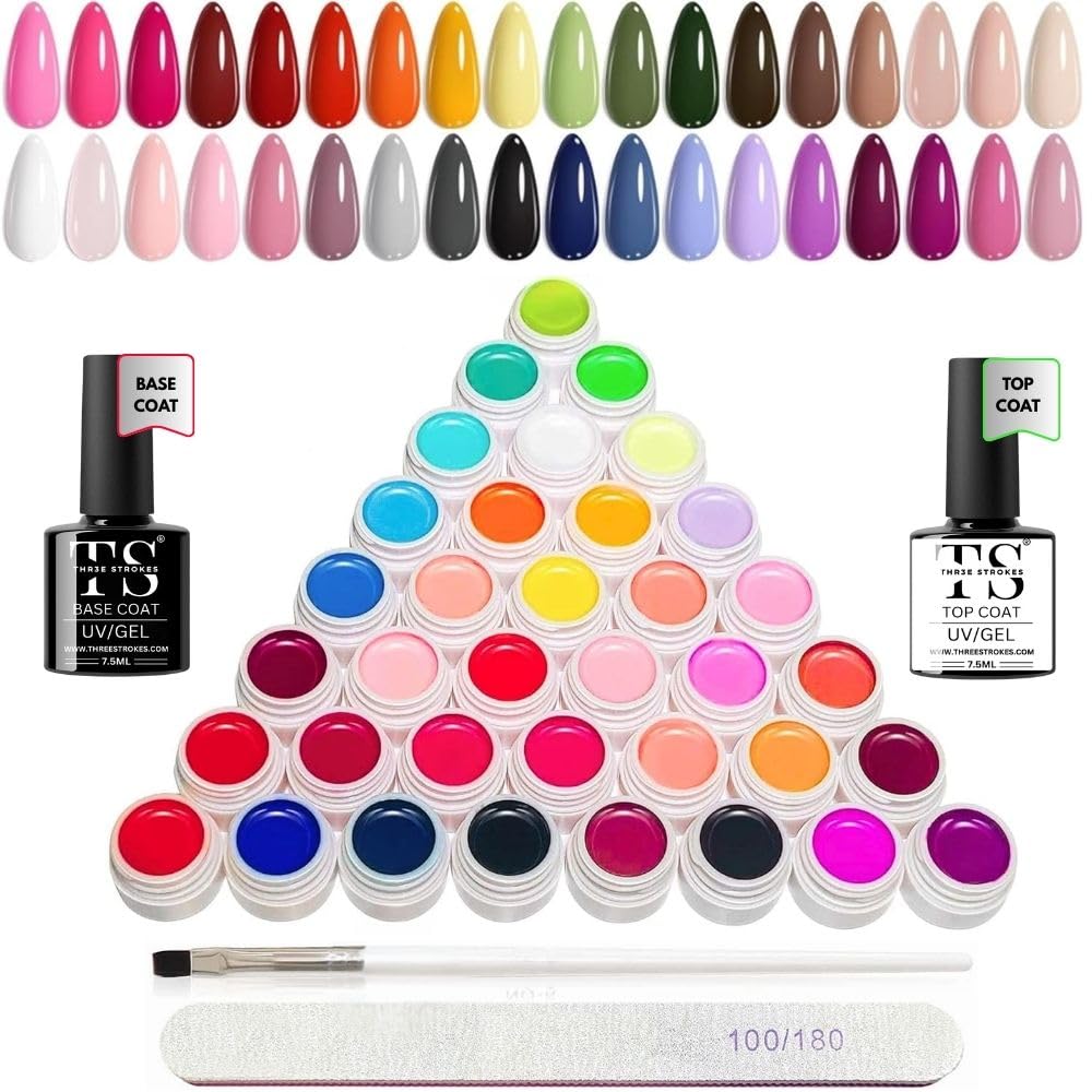 THR3E STROKES 36 Colors Nail Art GelPaint Kit, 40PCS Gel Nail Polish Set,With Top Coat , Base Coat Gel Nail Polish with NailBrush for DIY NailArt Design, NailArt GelPolish for DIY At Home