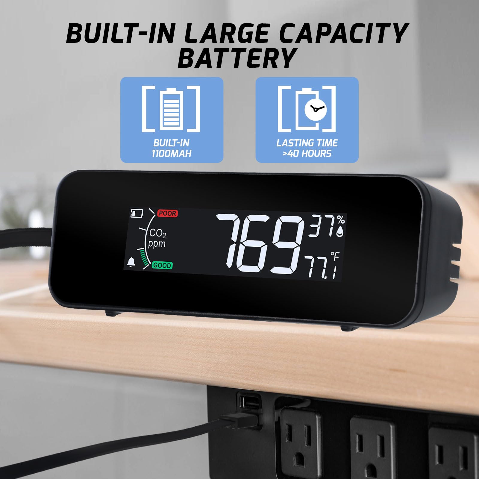 Monitor de CO2 portátil, medidor de CO2, 0 ~ 5000 pppm, detector de dióxido de carbono, mide CO2, temperatura, humedad, calidad del aire, monitor de CO2 con indicador y alarma de zumbador, detector de