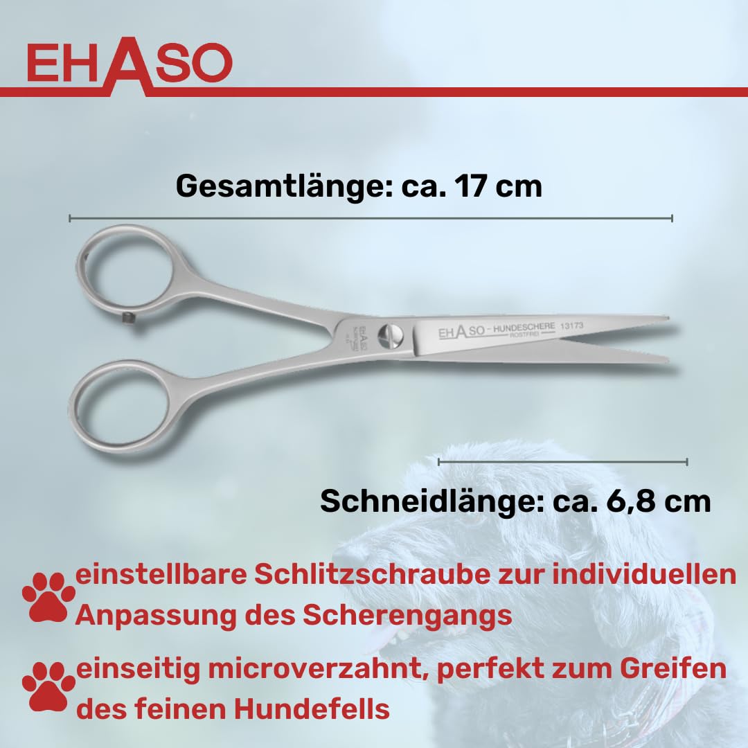 EHASO Hochwertige Gerade Hundeschere aus - Für langhaar & kurzhaar - 17 cm - Fellschere für Hunde & Katzen - Profischere für Jede Art von Fell direkt Solingen