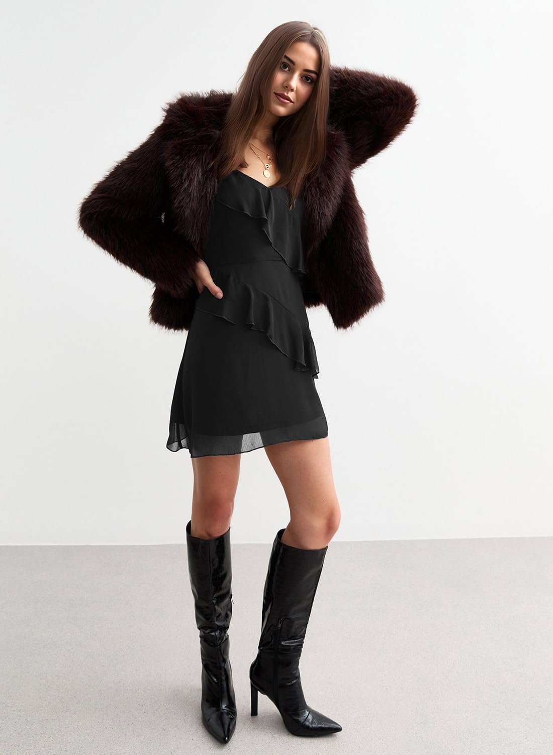 liher Womens Fall Dress Mesh V Neck Sheer Long Sleeve Ruffle Trim Cocktail Party Club Mini Dresses - Image 3