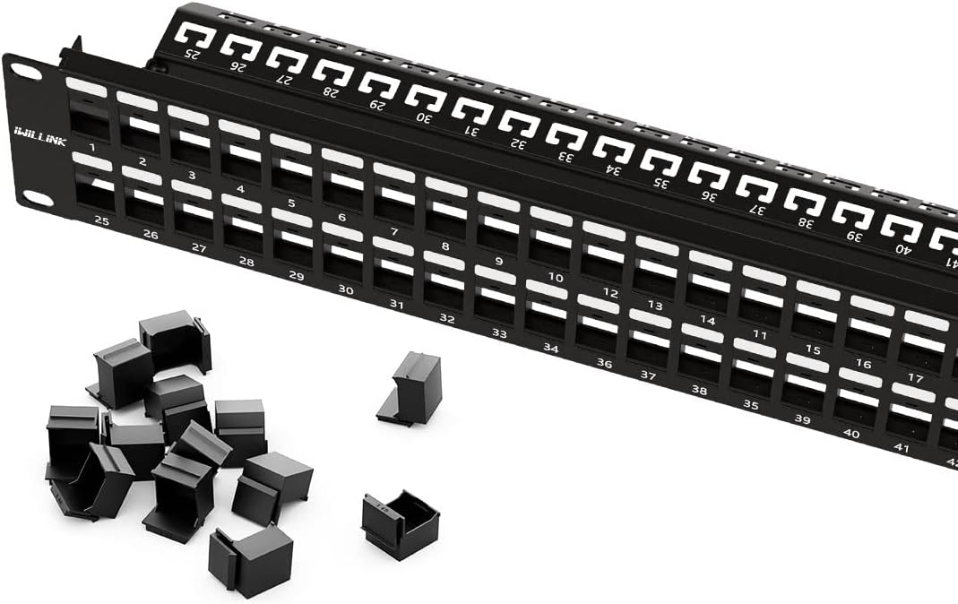 iwillink Blank 48-Port Keystone Patch Panel, 2U 19'' Rackmount/Wallmount with Metal Housing, Includes 24 Blank Inserts for Custom AV/Data Setups