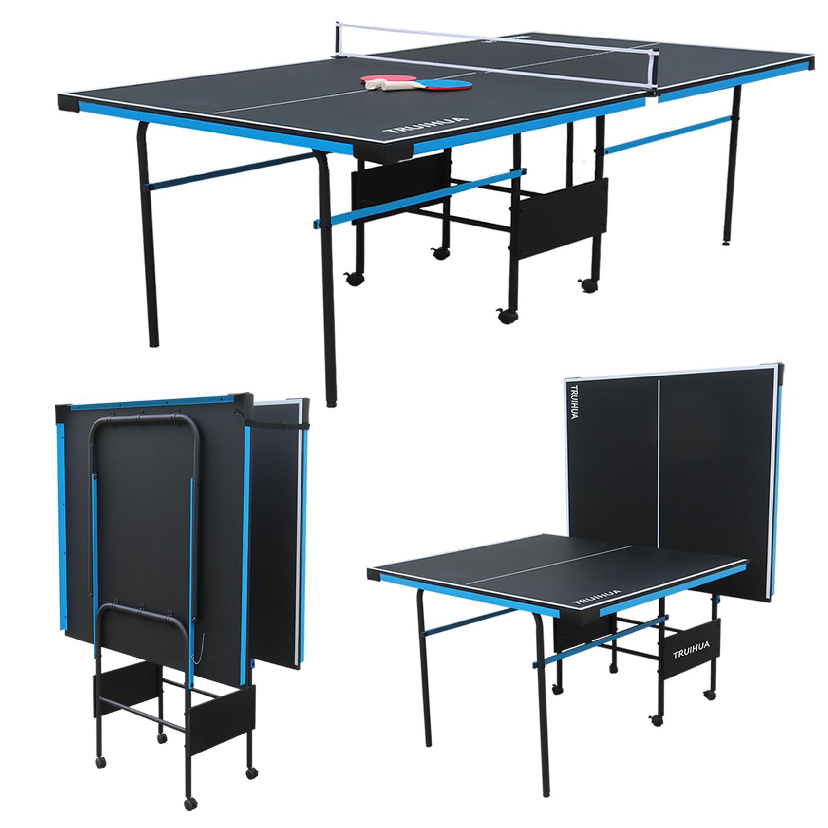7FT Tischtennistisch Indoor Junior Kompakter klappbarer Tischtennisplatten für den Außenbereich mit Tischtennisschläger und Netz für Kinder 210 x 117 x 76 cm