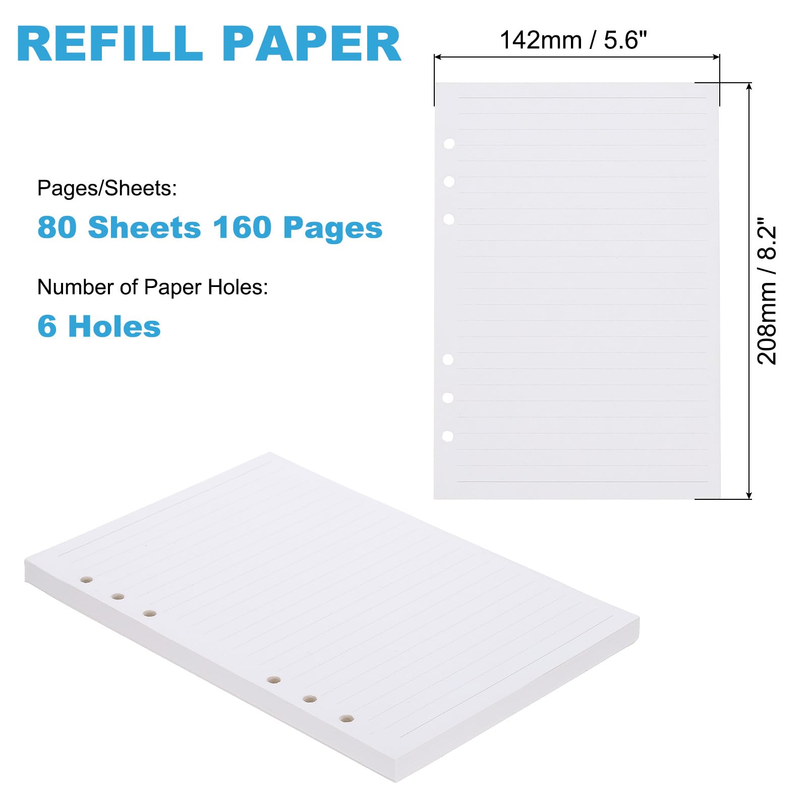 PATIKIL A5 Ruled Refills Inserts 6-Ring Binder Loose Leaf Planner Filler Paper Planner Inserts, 80 Sheets/160 Pages, Lined, White - Image 2