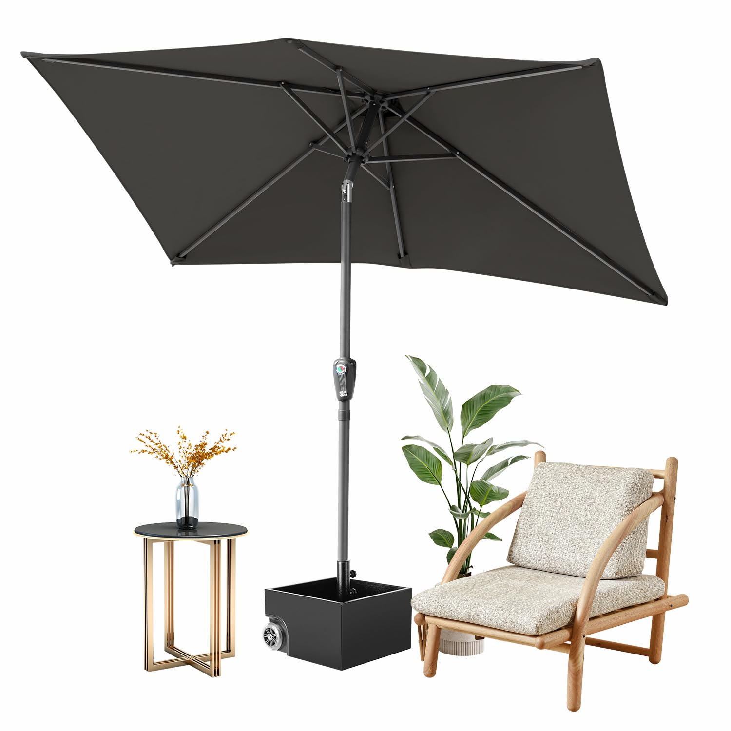 Fiqops Parasol przeciwsłoneczny 210 x 140 / 300 x 200 cm z korbą, prostokątny, ochrona przed słońcem, UV50+, składany, wodoszczelny, do ogrodu, na taras, bez stojaka, Szary bez LED, 210 x 140cm