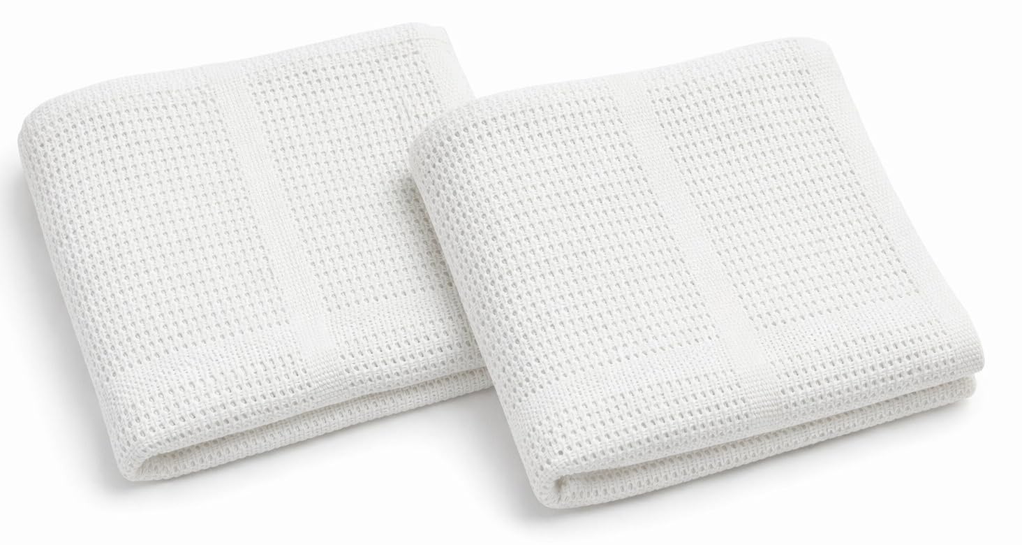 Babymam Cellular Baby Blanket 90x70 cm, Safe Nights, Organic 100% Cotton, Pack of 2, Breathable Newborn Blanket, Soft Nursery, Baby Bedding (White)