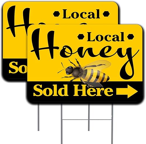 Paquete de 2 carteles de jardín con miel local (flecha) de 16 x 24 pulgadas, impresión a doble cara, con estacas de metal fabricadas en los Estados