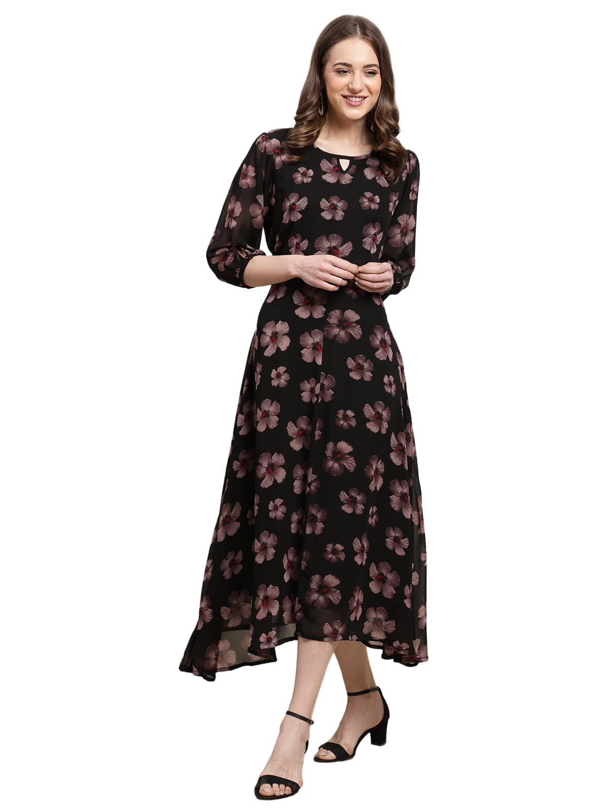 Preneum Women's Maxi Fit & Flare Latest Style Print Georgette Regular Sleeves Casual Summer Maxi Dress || Festival & Occasion, Jet Black, 2Xl