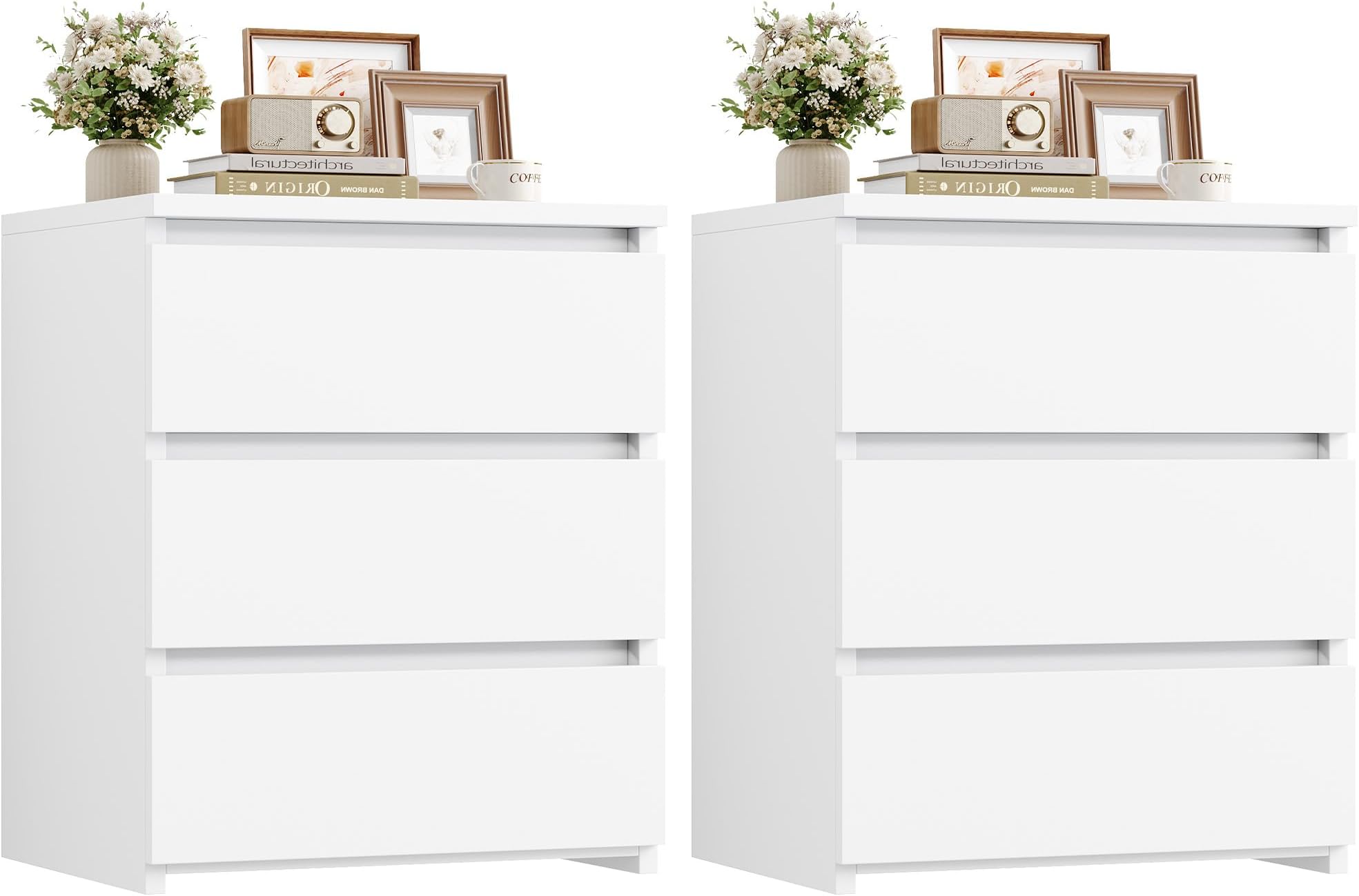 Nightstand Set of 2 White Nightstand with 3 Drawers, White Bedside Table Night Stand for Bedroom with Cut-Out Handle, Sofa Side Table for Bedroom, 17.7W*15D*21.7H