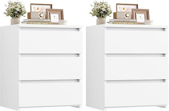 FOTOSOK Nightstands Set of 2, White Nightstand with 3 Drawers for Bedroom