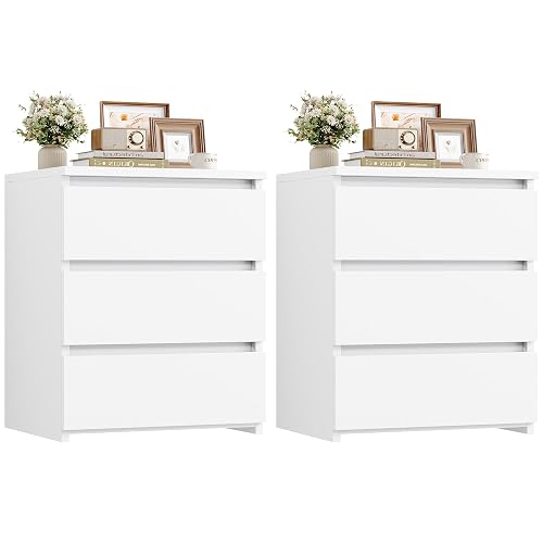 FOTOSOK Nightstands Set of 2, White Nightstand with 3 Drawers