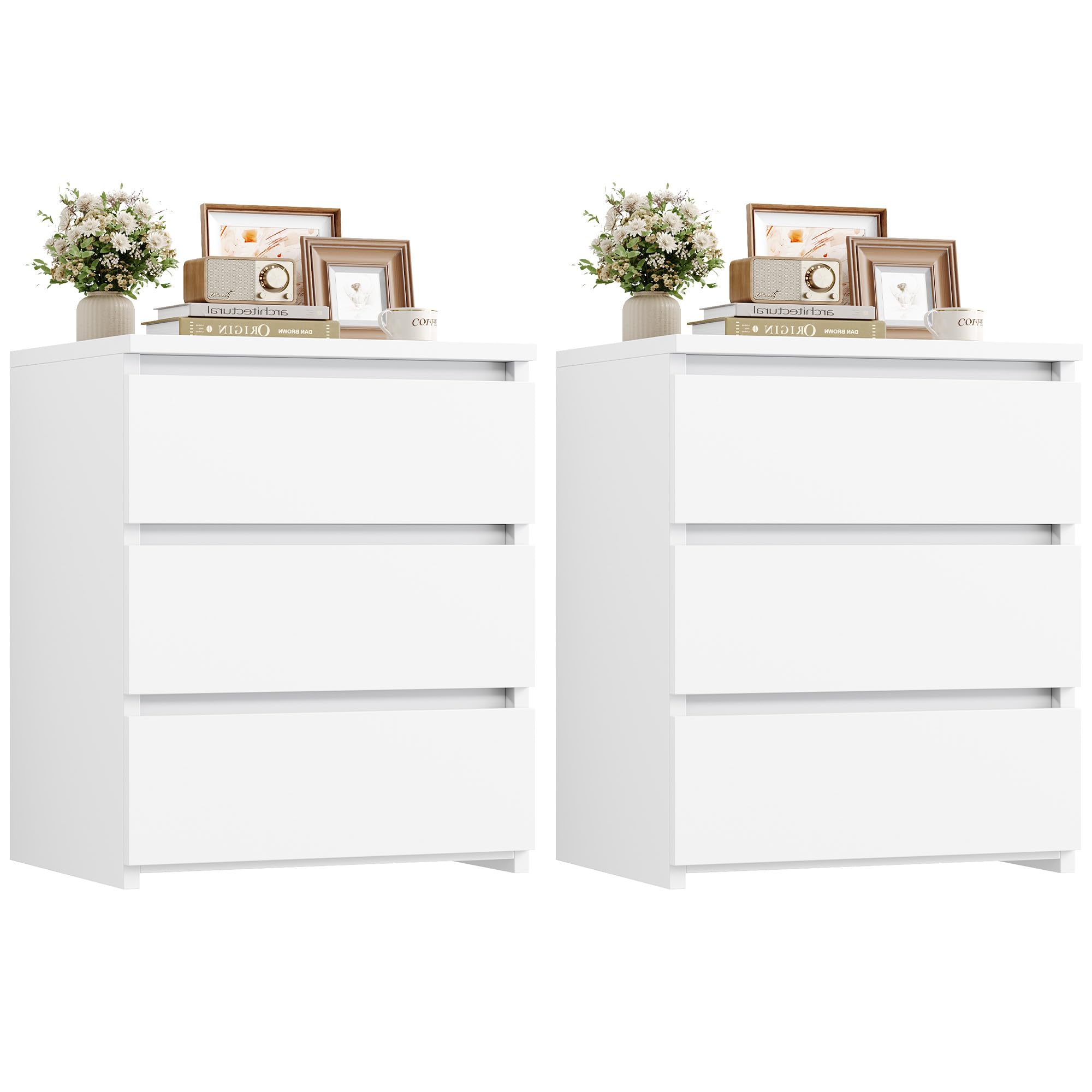 FOTOSOK Nightstands Set of 2 White Nightstand with 3 Drawers, White Bedside Table Night Stand for Bedroom with Cut-Out Handle, Sofa Side Table 3 Drawer Nightstand for Bedroom, 17.7W*15D*21.7H
