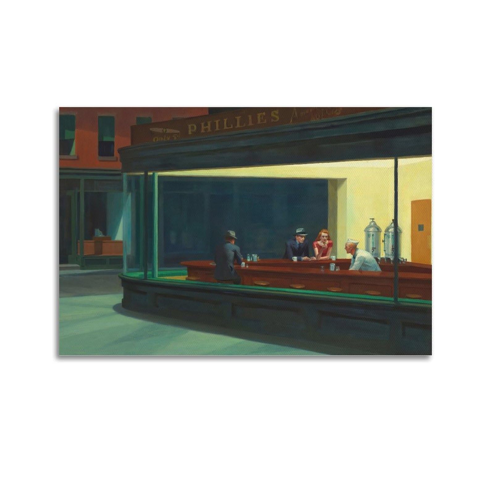 Sjwiner Unframe-Style Edward Hopper Art Oil Painting Poster Nighthawks 1942 Aesthetic Cover Poster Design Painting For Living Room Bed Room 20X30inch(50X75cm)