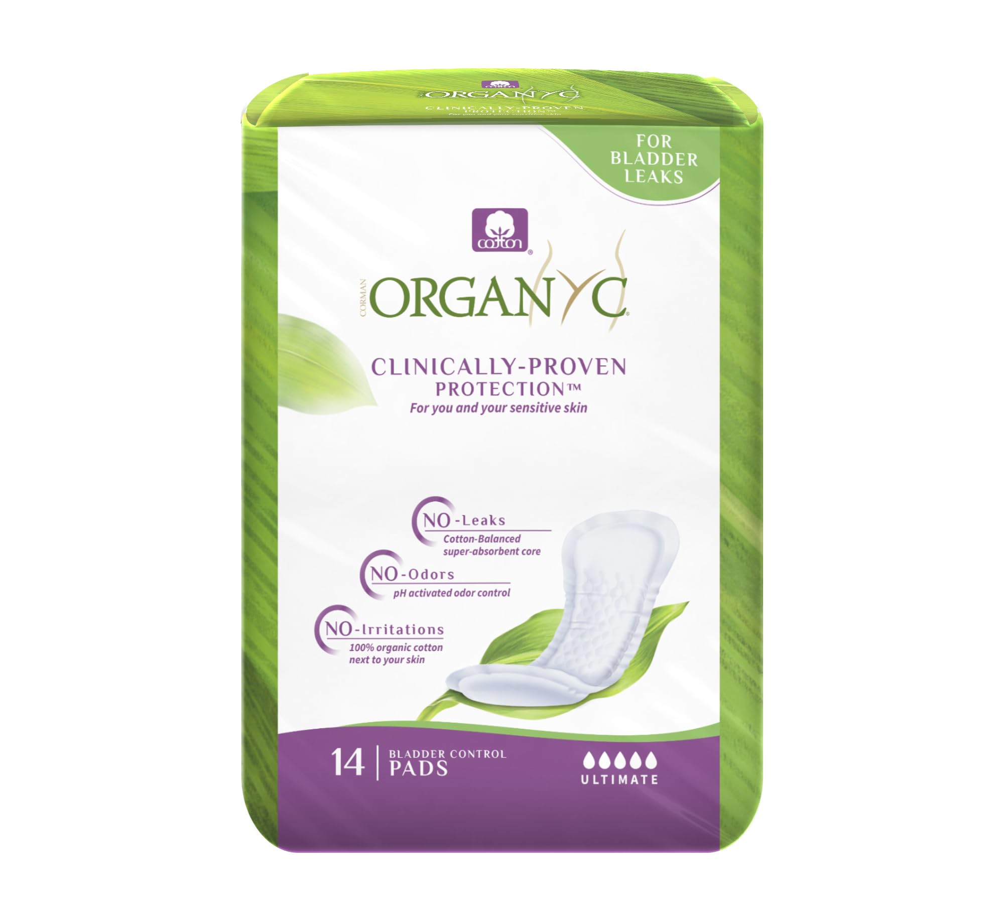 Organyc - Compresas para incontinencia ligera, 100 % algodón orgánico por dentro y por fuera, para pérdidas de vejiga, aptas para FSA/HSA, flujo máximo, 14 unidades